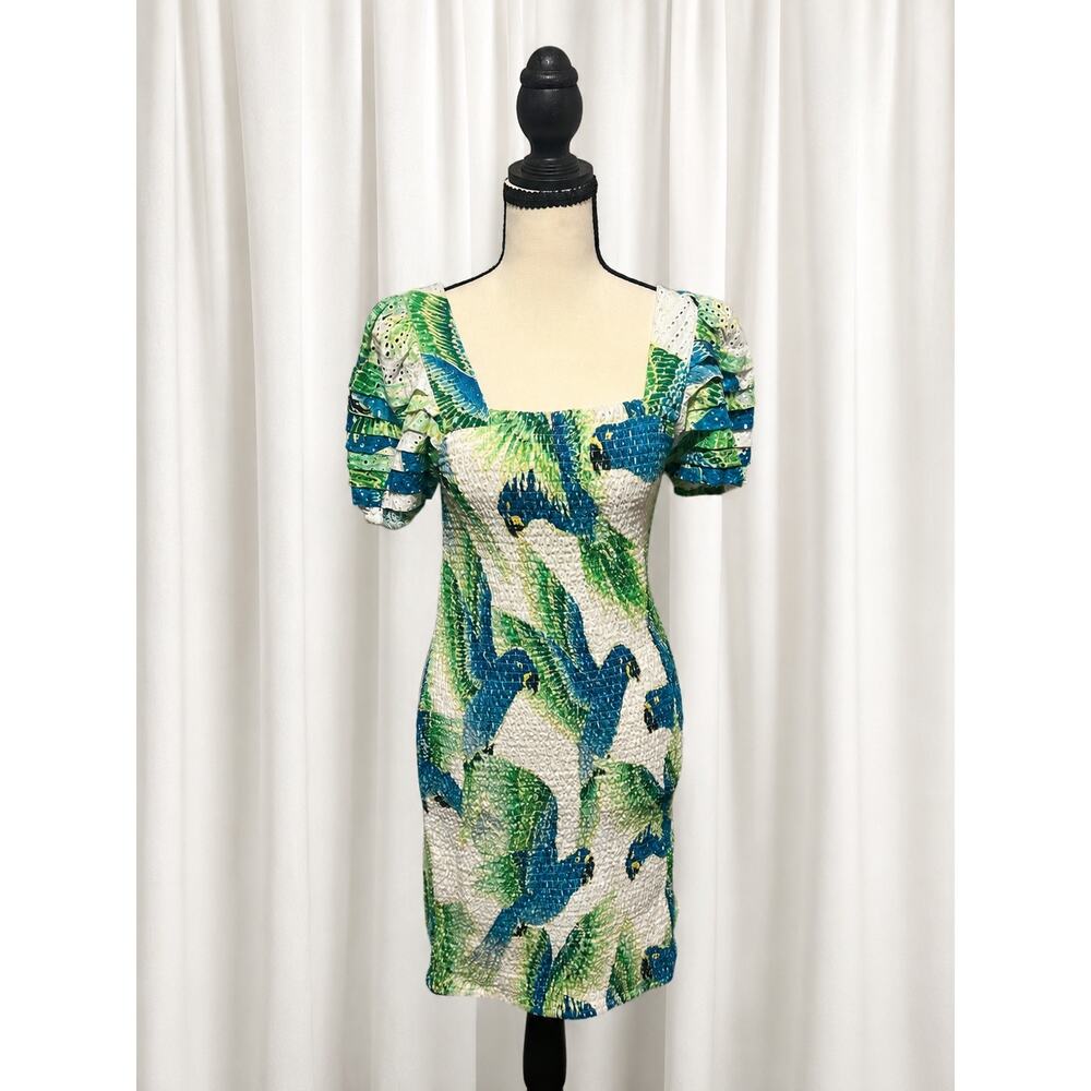 FARM Rio Araras Parrot Print Smocked Mini Dress